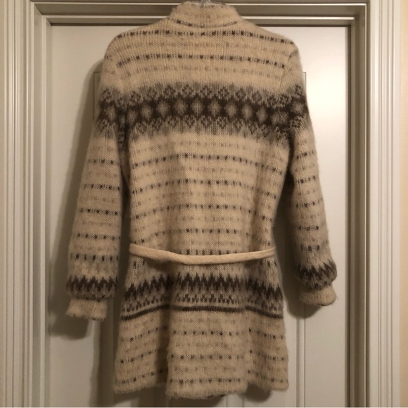 ALAFOSS ICEWOOL Ivory & Brown Virgin Wool Full-Zip Belted Sweater Coat-  Sz S - Picture 8 of 10